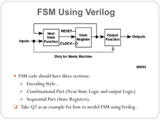FSM Using Verilog

 FSM code should have three sections:
 Encoding Style .

 Combinational Part (Next State Logic and output Logic).
 Sequential Part (State Registers).
 Take Q2 as an example for how to model FSM using Verilog .

 