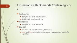 Expressions with Operands Containing x or
z
Arithmetic
If any bit is x or z, result is all x’s.
Divide by 0 produces al...