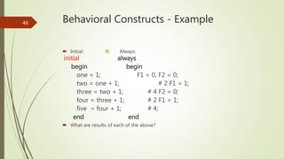 Behavioral Constructs - Example
 Initial:  Always:
initial always
begin begin
one = 1; F1 = 0, F2 = 0;
two = one + 1; # ...