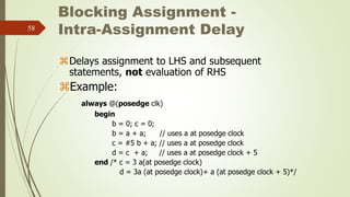 58
Delays assignment to LHS and subsequent
statements, not evaluation of RHS
Example:
always @(posedge clk)
begin
b = 0;...