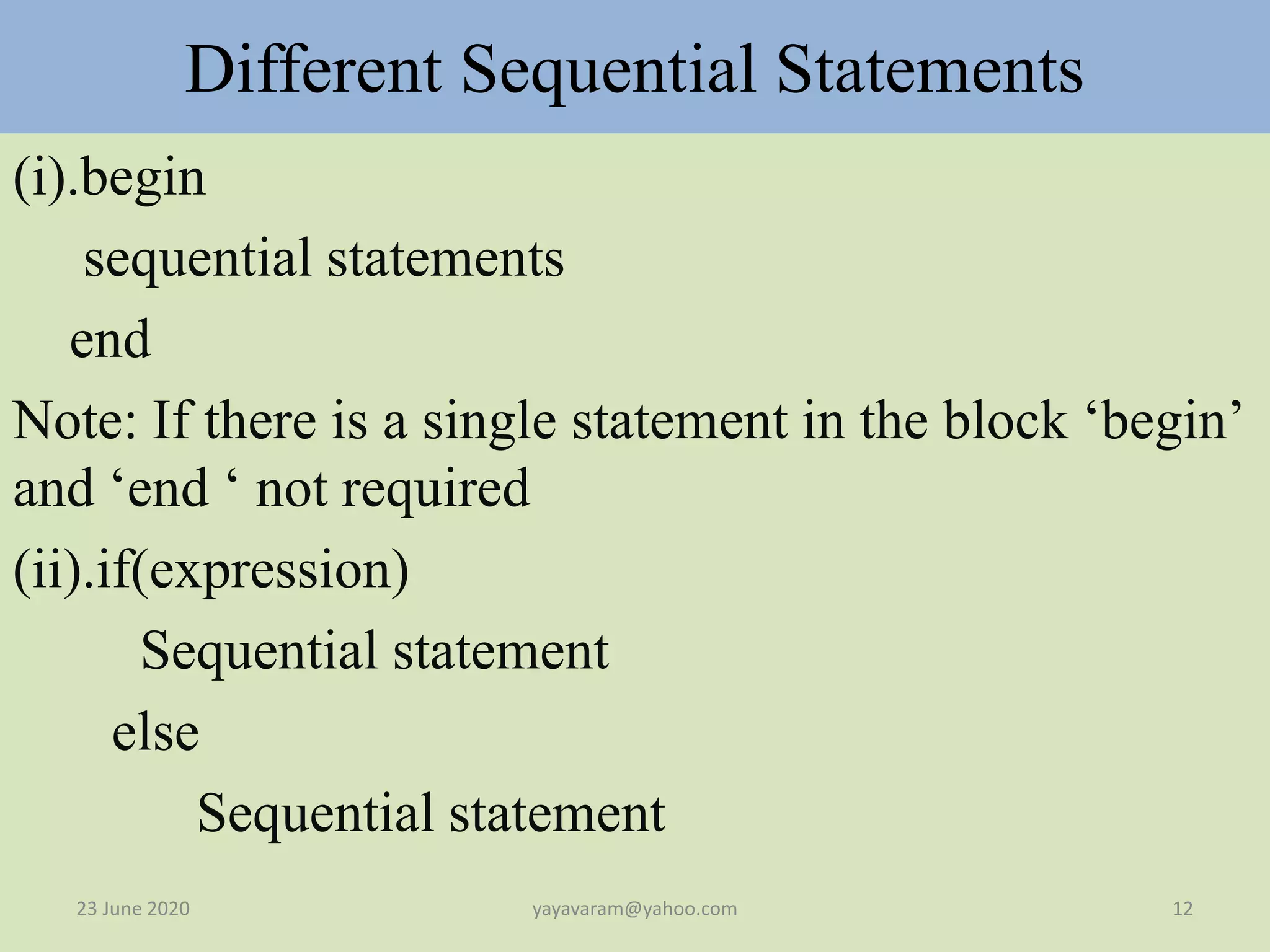 Different Sequential Statements
(i).begin
sequential statements
end
Note: If there is a single statement in the block ‘begin’
and ‘end ‘ not required
(ii).if(expression)
Sequential statement
else
Sequential statement
23 June 2020 12yayavaram@yahoo.com
 