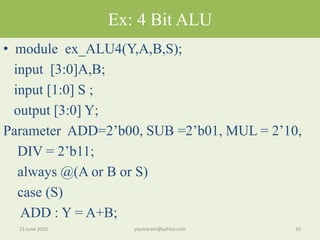 Ex: 4 Bit ALU
• module ex_ALU4(Y,A,B,S);
input [3:0]A,B;
input [1:0] S ;
output [3:0] Y;
Parameter ADD=2’b00, SUB =2’b01, MUL = 2’10,
DIV = 2’b11;
always @(A or B or S)
case (S)
ADD : Y = A+B;
23 June 2020 16yayavaram@yahoo.com
 