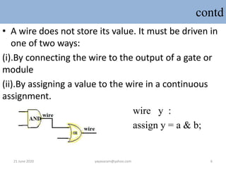 contd
• A wire does not store its value. It must be driven in
one of two ways:
(i).By connecting the wire to the output of...