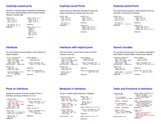 Implicitly-named ports
Hierarchy in Verilog usually for separating namespaces.
Net and port names typically common across modules.
Verbose in Verilog 1995:
module top;
wire [3:0] a;
wire [7:0] b;
wire [15:0] c;
foo foo1(a, b, c);
bar bar1(a, b, c);
endmodule
module foo(a, b, c);
input [3:0] a;
input [7:0] b;
input [15:0] c;
endmodule
module bar(a, b, c);
output a;
output b;
output c;
reg [3:0] a;
reg [7:0] b;
reg [15:0] c;
endmodule
Implicity-named Ports
Implicit ports plus ANSI-style declarations makes this
cleaner, especially for modules with many ports.
module top;
wire [3:0] a;
wire [7:0] b;
wire [15:0] c;
foo foo1(.*);
bar bar1(.*);
endmodule
module foo(
input [3:0] a,
input [7:0] b,
input [15:0] c);
endmodule
module bar(
output reg [3:0] a,
output reg [7:0] b,
output reg [15:0] c);
endmodule
Implicity-named Ports
Port renaming also supported. Allows specific ports to be
overridden or renamed as necessary.
module top;
wire [3:0] a;
wire [7:0] b;
wire [15:0] c;
foo foo1(.*);
bar bar1(.*, .other(c));
endmodule
module foo(
input [3:0] a,
input [7:0] b,
input [15:0] c);
endmodule
module bar(
output reg [3:0] a,
output reg [7:0] b,
output reg [15:0] other);
endmodule
Interfaces
For communication among modules. Like a collection of
shared variables.
interface simple_bus;
logic req, gnt;
logic [7:0] addr, data;
logic [1:0] mode;
logic start, rdy;
endinterface : simple_bus
module top;
logic clk = 0;
simple_bus mybus;
memory mem(mybus, clk);
cpu cpu(.b(mybus),
.clk(clk));
endmodule
module memory(
simple_bus a,
input bit clk);
always @(posedge clk)
a.gnt <= a.req & avail;
...
endmodule
module cpu(simple_bus b,
input bit clk);
...
endmodule
Interfaces with implicit ports
Even more simple. Use the same names and let the
compiler do the rest.
interface simple_bus;
logic req, gnt;
logic [7:0] addr, data;
logic [1:0] mode;
logic start, rdy;
endinterface : simple_bus
module top;
logic clk = 0;
simple_bus bus;
memory mem(.*);
cpu cpu(.*);
endmodule
module memory(
simple_bus bus,
input bit clk);
always @(posedge clk)
bus.gnt <= bus.req & av;
...
endmodule
module cpu(simple_bus bus,
input bit clk);
...
endmodule
Generic bundles
You can leave the exact type of an interface unspecified to
allow different implementations. Must connect explicitly.
interface simple_bus;
logic req, gnt;
logic [7:0] addr, data;
logic [1:0] mode;
logic start, rdy;
endinterface : simple_bus
module top;
logic clk = 0;
simple_bus bus;
memory mem(.*, .bus(bus));
cpu cpu(.*, .bus(bus));
endmodule
module memory(
interface bus,
input bit clk);
always @(posedge clk)
bus.gnt <= bus.req & av;
...
endmodule
module cpu(interface bus,
input bit clk);
...
endmodule
Ports on interfaces
Interfaces are groups of shared variables. Ports on
interfaces can bring connections in or out.
interface bus(
input bit clk,
output bit bus_error);
logic req, gnt;
logic [7:0] addr, data;
logic [1:0] mode;
logic start, rdy;
endinterface : bus
module top;
logic clk = 0, bus_error;
bus b(clk, bus_error);
memory mem(.*);
cpu cpu(.*);
endmodule
module memory(bus b);
always @(posedge b.clk)
b.gnt <= b.req & av;
...
endmodule
module cpu(bus b);
always @(posedge b.clk)
b.bus_error <=
cpu_error;
...
endmodule
Modports in interfaces
A way to constrain signal directions in interfaces.
interface bus(
input bit clk);
logic req, gnt, rdy;
logic [7:0] addr, data;
modport slave(
input req, addr, clk,
output gnt, rdy,
inout data);
modport master(
output req, addr,
input gnt, rdy, clk,
inout data)
endinterface : bus
module top;
logic clk = 0;
bus b(clk);
memory mem(.*);
cpu cpu(.*);
endmodule
module memory(bus.slave b);
always @(posedge bus.clk)
b.gnt <= b.req & av;
...
endmodule
module cpu(bus.master b);
...
endmodule
Tasks and Functions in Interfaces
interface bus;
logic start;
task slaveRead(
input logic[7:0] addr);
...
endtask: slaveRead
task masterRead(
input logic[7:0] addr);
...
endtask: masterRead
modport slave(
import task slaveRead(
input logic[7:0] addr);
);
endinterface: bus
module memory(interface b);
logic[7:0] addr;
always @(posedge b.clk)
b.slaveRead(addr);
endmodule
module omnip(interface b);
always @(posedge b.clk)
b.masterRead(addr);
always @(posedge b.clk)
b.slaveRead(addr);
endmodule
module top;
bus b;
// can invoke slaveRead only
memory m(b.slave);
// can use slaveRead, masterRead
omnip o(b);
endmodule
 