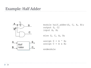 26
Example: Half Adder
module half_adder(S, C, A, B);
output S, C;
input A, B;
wire S, C, A, B;
assign S = A ^ B;
assign C = A & B;
endmodule
Half
Adder
Half
Adder
A
B
S
C
A
B
S
C
 