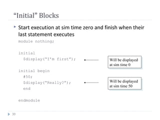 33
“Initial” Blocks
 Start execution at sim time zero and finish when their
last statement executes
module nothing;
initial
$display(“I’m first”);
initial begin
#50;
$display(“Really?”);
end
endmodule
Will be displayed
at sim time 0
Will be displayed
at sim time 0
Will be displayed
at sim time 50
Will be displayed
at sim time 50
 