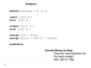 bin2gray.v
module bin2gray ( B ,G );
input [3:0] B ;
wire [3:0] B ;
output [3:0] G ;
wire [3:0] G ;
assign G[3] = B[3];
assign G[2:0] = B[3:1] ^ B[2:0];
endmodule
Convert Binary to Gray:
Copy the most significant bit.
For each smaller i
G[i] = B[i+1] ^ B[i]
 