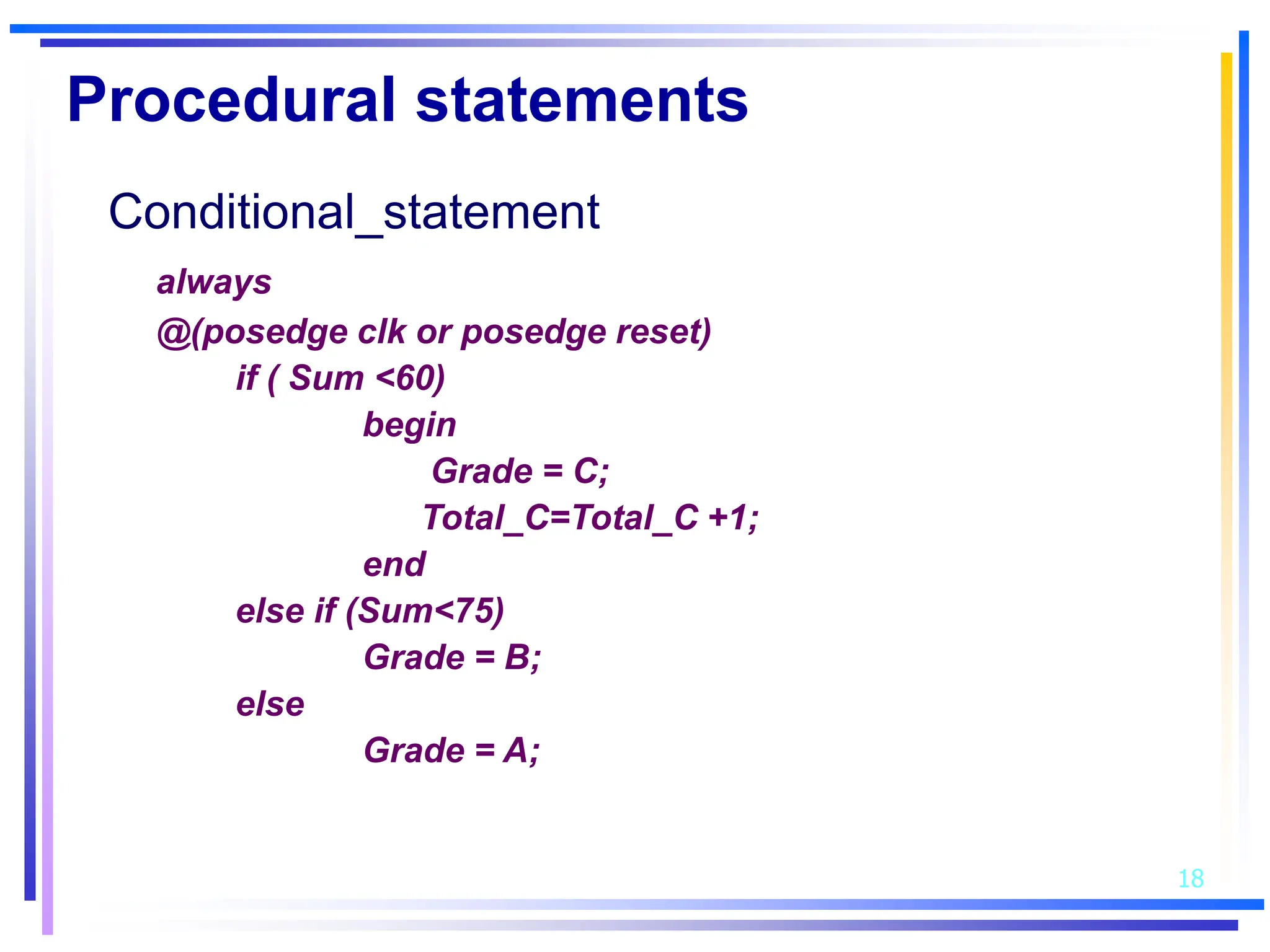 18
Procedural statements
Conditional_statement
always
@(posedge clk or posedge reset)
if ( Sum <60)
begin
Grade = C;
Total_C=Total_C +1;
end
else if (Sum<75)
Grade = B;
else
Grade = A;
 