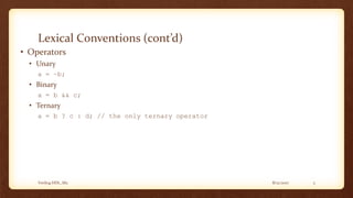 8/12/2017Verilog HDL_M2 5
Lexical Conventions (cont’d)
• Operators
• Unary
a = ~b;
• Binary
a = b && c;
• Ternary
a = b ? c : d; // the only ternary operator
 