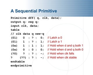 A Sequential Primitive
Primitive dff( q, clk, data);
output q; reg q;
input clk, data;
table
// clk data q new-q
(01) 0 : ? : 0; // Latch a 0
(01) 1 : ? : 1; // Latch a 1
(0x) 1 : 1 : 1; // Hold when d and q both 1
(0x) 0 : 0 : 0; // Hold when d and q both 0
(?0) ? : ? : -; // Hold when clk falls
? (??) : ? : -; // Hold when clk stable
endtable
endprimitive
 