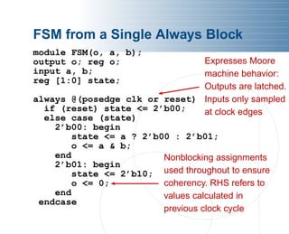 FSM from a Single Always Block
module FSM(o, a, b);
output o; reg o;
input a, b;
reg [1:0] state;
always @(posedge clk or reset)
Expresses Moore
machine behavior:
Outputs are latched.
Inputs only sampled
at clock edges
if (reset) state <= 2’b00;
else case (state)
2’b00: begin
state <= a ? 2’b00 : 2’b01;
o <= a & b;
end
2’b01: begin
state <= 2’b10;
o <= 0;
Nonblocking assignments
used throughout to ensure
coherency. RHS refers to
values calculated in
previous clock cycle
end
endcase
 