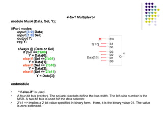 4-to-1 Multiplexor
module Mux4 (Data, Sel, Y);
//Port modes
input [3:0] Data;
input [1:0] Sel;
output Y;
reg Y;
always @ (Data or Sel)
if (Sel ==2’b00)
Y = Data[0];
else if (Sel ==2’b01)
Y = Data[1];
else if (Sel == 2’b10)
Y = Data[2];
else if (Sel == 2’b11)
Y = Data[3];
endmodule
• “if-else-if” is used.
• A four-bit bus (vector). The square brackets define the bus width. The left-side number is the
MSB. A two-bit bus is used for the data selector.
• 2’b1 => implies a 2-bit value specified in binary form. Here, it is the binary value 01. The value
is zero-extended.
Y
S[1:0]
Data[3:0]
D0
D1
D2
D3
S0
S1
EN
Q
 