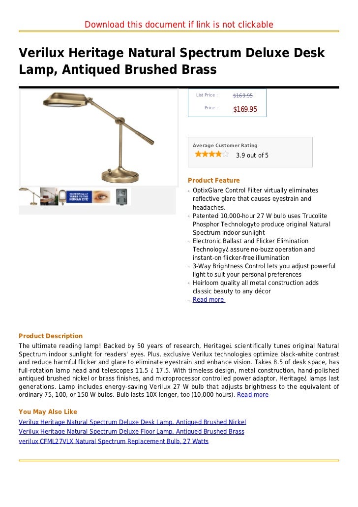 Verilux Heritage Natural Spectrum Deluxe Desk Lamp Antiqued Brushed