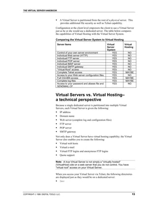 THE VIRTUAL SERVER HANDBOOK



                              !     A Virtual Server is partitioned from the root of a physical server. This
                                    provides additional file security as well as Telnet capability.
                              Configuration at the client level empowers the client to use a Virtual Server
                              just as he or she would use a dedicated server. The table below compares
                              the capabilities of Virtual Hosting with the Virtual Server System.

                              Comparing the Virtual Server System to Virtual Hosting
                                  Server Items                                    Virtual          Virtual
                                                                                  Server           Hosting
                                                                                  System
                                  Control of your own server environment               YES           NO
                                  Individual Web server (HTTP)                         YES           NO
                                  Individual FTP server                                YES           NO
                                  Individual POP server                                YES           NO
                                  Individual IMAP server                               YES           NO
                                  Individual SMTP gateway                              YES           NO
                                  "Virtual Root" access                                YES           NO
                                  Complete Telnet access                               YES          MAYBE
                                  Access to your Web server configuration files        YES           NO
                                  Full CGI-BIN access                                  YES          MAYBE
                                  Complete log files                                   YES          MAYBE
                                  Access to your password and aliases file and         YES           NO
                                  SENDMAIL.CF


                              Virtual Servers vs. Virtual Hosting–
                              a technical perspective
                              Because a single dedicated server is partitioned into multiple Virtual
                              Servers, each Virtual Server is given the following:
                              !     IP address
                              !     Domain name
                              !     Web server (complete log and configuration files)
                              !     FTP server
                              !     POP server
                              !     SMTP gateway
                              Not only does a Virtual Server have virtual hosting capability; the Virtual
                              Server also enables you to create the following:
                              !     Virtual web hosts
                              !     Virtual e-mail
                              !     Virtual FTP logins and anonymous FTP logins
                              !     Quota support

                              Note: A true Virtual Server is not simply a "virtually hosted"
                              (VirtualHost) site on a web server that you do not control. You have
                              "virtual root" access on your Virtual Server.

                              When you access your Virtual Server via Telnet, the following directories
                              are displayed just as they would be on a dedicated server:
                              !     Dev




COPYRIGHT  1999 DIGITAL TOOLS LLC.                                                                         13
 