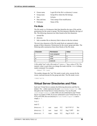 THE VIRTUAL SERVER HANDBOOK



                              !       Owner name            Login ID of the file’s or directory’s owner.
                              !       Group name            Group ID to which the file belongs.
                              !       Size                  In bytes.
                              !       Date and time         Time stamp of last modification.
                              !       Pathname              Name of file.

                              File Mode
                              The file mode is a 10-character label that identifies the type of file and the
                              permissions for the owner or group. The first character identifies the type of
                              file. The following characters are often found as the first characters.
                              -       normal file
                              d       directory
                              l       link to another file or directory (link is shown in the last column)
                              The next nine characters of the file mode block are separated in three
                              groups of three characters. Permissions for the owner, group and other. The
                              following table summarizes these three blocks of the file mode.


                                  Character                 Permission                 Value
                                  -                         none assigned
                                  r                         read                       4
                                  w                         write                      2
                                  x                         execute                    1

                              A file called "test" with a file mode of "-rwxr-x---" has a value of 750. The
                              numeric value is used when you change the mode with the chmod (change
                              mode) command. For example:
                                  chmod 755 test
                              The number changes the "test" file mode to read, write, execute for the
                              owner, read and execute for the group and other. The file mode is now:
                              -rwxr-xr-x.


                              Virtual Server Directories and Files
                              Each new Virtual Server contains the following directories and files by
                              default. The ~ (tilde) represents the path /usr/home/login-id (the
                              full path to the Virtual Server’s home directory). You see the path
                              /usr/home/login-id only while you are connected to your Virtual
                              Server via Telnet or SSH. If you are connected to your Virtual Server via
                              FTP or HTTPD, the root directory is /usr/home/login-id and is
                              simply a /.
                              % ls -l
                              total 12
                              drwxr-xr-x          2      root       vuser   512      Jul 17 07:13       bin
                              drwxr-xr-x          2      root       vuser   512      Aug 7 1997         dev
                              drwxr-xr-x          3      trout      vuser   512      Aug 11 16:51       etc


COPYRIGHT  1999 DIGITAL TOOLS LLC.                                                                           36
 