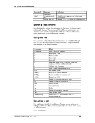 THE VIRTUAL SERVER HANDBOOK



                               Command           Example                Definition
                                                 username
                               virtual           virtual sendmail -     Used for running programs in the virtual
                                                 bp                     environment.
                                                 virtual ./test.cgi     test the test.cgi from the command line



                              Editing files online
                              Downloading files, editing, then uploading the files is not the fastest way to
                              make simple changes. The experienced Virtual Server Administrator uses
                              an online editor to make changes to files while in a Telnet or SSH session.
                              Below are a couple of the online editors available.

                              Using vi to edit
                              Vi is a common UNIX editor. The commands in vi are a bit difficult to get
                              used to at first. When you get used to the commands it is a powerful tool.
                              Here are some of the basic commands.


                                Command                  Effect
                                vi filename              open a file in the vi editor
                                j                        Move down a line
                                k                        Move up a line
                                l                        Move right
                                h                        Move left
                                i                        Insert text at the cursor – changes to the edit
                                                         mode use ESC to exit the edit mode
                                a                        Add text after the cursor
                                o                        open a blank line below the cursor
                                ESC                      Exit the edit mode
                                SHFT g                   Move to the bottom of the file
                                CTRL g                   Report what line the cursor is line
                                :1,10d                   Delete lines 1-10
                                x                        Delete the character the cursor is on
                                dd                       Delete the line the cursor is on
                                /test                    Search for test
                                :1                       move to line one
                                :q                       Quit vi
                                :q!                      Quit vi without saving changes
                                :wq                      Save file and quit vi
                                :%s/test/foo/g           Search for test and replace it with foo
                                                         throughout the file.


                              Using Pico to edit
                              Pico is a bit more straight forward than vi. You can just move the cursor
                              and type or delete text. The commands are listed at the bottom of the screen.
                              To edit a file, enter:
                              pico filename


COPYRIGHT  1999 DIGITAL TOOLS LLC.                                                                        40
 