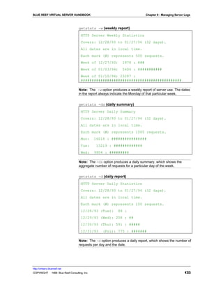 BLUE REEF VIRTUAL SERVER HANDBOOK                                           Chapter 9 - Managing Server Logs



                                   getstats -w (weekly report)
                                     HTTP Server Weekly Statistics
                                     Covers: 12/28/93 to 01/27/94 (32 days).
                                     All dates are in local time.
                                     Each mark (#) represents 500 requests.
                                     Week of 12/27/93:        1878 : ###
                                     Week of 01/03/94:        5606 : ###########
                                     Week of 01/10/94: 23287 :
                                     ##############################################

                                   Note: The -w option produces a weekly report of server use. The dates
                                   in the report always indicate the Monday of that particular week.


                                   getstats -ds (daily summary)
                                     HTTP Server Daily Summary
                                     Covers: 12/28/93 to 01/27/94 (32 days).
                                     All dates are in local time.
                                     Each mark (#) represents 1000 requests.
                                     Mon:     16018 : ################
                                     Tue:      13219 : #############
                                     Wed:     9904 : #########

                                   Note: The -ds option produces a daily summary, which shows the
                                   aggregate number of requests for a particular day of the week.


                                   getstats -d (daily report)
                                     HTTP Server Daily Statistics
                                     Covers: 12/28/93 to 01/27/94 (32 days).
                                     All dates are in local time.
                                     Each mark (#) represents 100 requests.
                                     12/28/93 (Tue):       88 :
                                     12/29/93 (Wed): 258 : ##
                                     12/30/93 (Thu): 591 : #####
                                     12/31/93     (Fri): 775 : #######

                                   Note: The -d option produces a daily report, which shows the number of
                                   requests per day and the date.




http://virtserv.bluereef.net
COPYRIGHT © 1999 Blue Reef Consulting, Inc.                                                            133
 