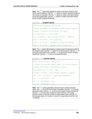 BLUE REEF VIRTUAL SERVER HANDBOOK                                              Chapter 9 - Managing Server Logs



                                   Note: The -f option tells getstats to create a full report sorted by host
                                   name (and IP address). Use the -fa option to make a full report sorted by
                                   the number of accesses. Use the -fd option to create a full report sorted
                                   by the last access date. Use the -fb option to create a full report sorted
                                   by the number of bytes transferred.


                                   getstats -r (request report)
                                     HTTP Server Request Statistics
                                     Sorted by number of requests, 1560 unique requests.
                                     Covers: 12/28/93 to 01/27/94 (32 days).
                                     All dates are in local time.
                                     # of requests : Last Access (M/D/Y) : Request
                                     4260 : 01/27/94 : /eit.home.html
                                     3330 : 01/27/94 : /graphics/stripe.bottom.gif
                                     2831 : 01/27/94 : /graphics/ball.black.gif

                                   Note: The -r option tells getstats to create a report of requests sorted by
                                   the request name. Use the -ra option to sort by accesses. Use the -rd to
                                   sort by the last access time. Use the -rb to sort by the number of bytes
                                   transferred. Use the -rf to sort by individual file sizes.


                                   getstats -dn (domain report)
                                     HTTP Server Domain Statistics
                                     1 level, sorted by domain name, 22 unique domains.
                                     Covers: 02/09/94 to 02/10/94 (2 days).
                                     All dates are in local time.
                                     # reqs : # uniq : Last Access (M/D/Y) : Domain
                                     180 : 28 : 02/10/94 : (numerical domains)
                                     27 : 1 : 02/10/94 : .at
                                     28 : 3 : 02/10/94 : .au
                                     22 : 2 : 02/10/94 : .ca

                                   Note: The -dn option generates a domain report, sorted by domain
                                   name. Use -da to sort by the number of requests. Use the -dd to sort by
                                   last access date. Use the -db to sort by the number of bytes transferred.
                                   Use the -du to sort by the number of unique domains. The unique
                                   domain number is the total number of unique sites under a domain. In
                                   the example above, for instance, a total of 3 unique sites came from the
                                   .au domain.




http://virtserv.bluereef.net
COPYRIGHT © 1999 Blue Reef Consulting, Inc.                                                               135
 