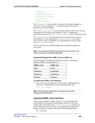 BLUE REEF VIRTUAL SERVER HANDBOOK                                              Chapter 12 - Virtual Server Extensions



                                        database=*
                                        read=login-iderver
                                        write=login-iderver
                                        access=local
                                        host=localhost
                                   The "database=*" means that the variables are for all mSQL databases on
                                   your server. You can change the "*" to a specific database name and set
                                   permissions for just that database.
                                   The "read=login-iderver" line means that only your virtual server can read
                                   the database files. This line can be changed to "read=*" to change read
                                   permissions to anyone. The "write=login-iderver" line is in the same format.
                                   The "access=local" line means that only your virtual server can write to
                                   your databases. You can change this to "access=remote" if you want to
                                   allow anyone to write to the database. You will probably not need to change
                                   the "host=localhost" line.
                                   The above five lines can be added multiple times for different databases on
                                   your system.

                                   Note: You only have to perform this step the first time you log in. The
                                   next time you log in, the changes take effect.


                                   Command Changes from mSQL v1.0.x to mSQL v2.x
                                   The following table summarizes the differences between command-line
                                   options in mSQL v1.0.x and mSQL v2.x:
                                     MSQL v1.0.x                mSQL v2.x
                                     Msql                       msql2
                                     Msqladmin                  msql2admin
                                     Msqldump                   msql2dump
                                     Relshow                    relshow2

                                   To remove the mSQL v1.0.x directory
                                   § Since your version 2.0 databases are stored in the ~/msql2db directory,
                                       remove the ~/msqldb directory at the command prompt. Enter
                                      % rm -rf ~/msqldb

                                   Note: Ensure that your databases are working correctly before
                                   removing any old directories.


                                   Upgrading MSQL client interfaces
                                   After you have upgraded to mSQL version 2.0.1, you must upgrade the
                                   client interfaces to correspond with the database directories. New client
                                   interface files can be found in the /usr/local/contrib directory. If
                                   you are still using version 1.0.x files, you can find their equivalents there.
                                   Replace existing client interface files with the following updated files:
                                        ♣ w3-msql.tar

http://virtserv.bluereef.net
COPYRIGHT © 1999 Blue Reef Consulting, Inc.                                                                     163
 