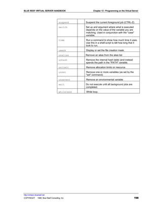 BLUE REEF VIRTUAL SERVER HANDBOOK                       Chapter 13 - Programming on the Virtual Server




                                     suspend     Suspend the current foreground job (CTRL-Z)
                                     switch      Set up and argument where what is executed
                                                 depends on the value of the variable you are
                                                 matching. Used in conjunction with the "case"
                                                 variable.
                                     time        Run a command to show how much time it uses.
                                                 Use this in a shell script to tell how long that it
                                                 took to run.
                                     umask       Display or set the file creation mask.
                                     unalias     Remove an alias from the alias list
                                     unhash      Remove the internal hash table (and instead
                                                 spends the path in the "PATH" variable.
                                     unlimit     Remove allocation limits on resource.
                                     unset       Remove one or more variables (as set by the
                                                 "set" command)
                                     unsetenv    Remove an environmental variable
                                     wait        Do not execute until all background jobs are
                                                 completed.
                                     while/end   While loop.




http://virtserv.bluereef.net
COPYRIGHT © 1999 Blue Reef Consulting, Inc.                                                      198
 
