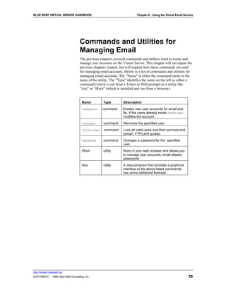 BLUE REEF VIRTUAL SERVER HANDBOOK                                        Chapter 6 - Using the Virtual Email Service




                                   Commands and Utilities for
                                   Managing Email
                                   The previous chapters covered commands and utilities used to create and
                                   manage user accounts on the Virtual Server. This chapter will not repeat the
                                   previous chapters content, but will explain how these commands are used
                                   for managing email accounts. Below is a list of commands and utilities for
                                   managing email accounts. The "Name" is either the command name or the
                                   name of the utility. The "Type" identifies the name on the left as either a
                                   command (which is run from a Telnet or SSH prompt) or a utility like
                                   "Ace" or "iRoot" (which is installed and run from a browser).


                                     Name         Type          Description
                                     vadduser     command      Creates new user accounts for email and
                                                               ftp. If the users already exists vadduser
                                                               modifies the account.
                                     vrmuser      command       Removes the specified user
                                     vlistuser     command      Lists all valid users and their services and
                                                                (email / FTP) and quotas.
                                     vpasswd       command      Changes a password for the specified
                                                                user.
                                     iRoot        utility       Runs in your web browser and allows you
                                                                to manage user accounts, email aliases,
                                                                passwords
                                     Ace          utility       A Java program that provides a graphical
                                                                interface to the above-listed commands;
                                                                has some additional features.




http://virtserv.bluereef.net
COPYRIGHT © 1999 Blue Reef Consulting, Inc.                                                                     70
 