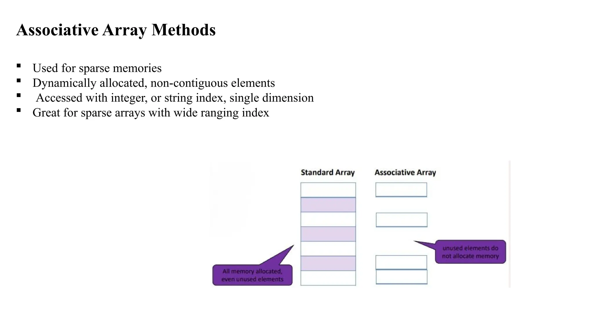 Associative Array Methods  Used for sparse memories  Dynamically allocated, non-contiguous elements  Accessed with integer, or string index, single dimension  Great for sparse arrays with wide ranging index 