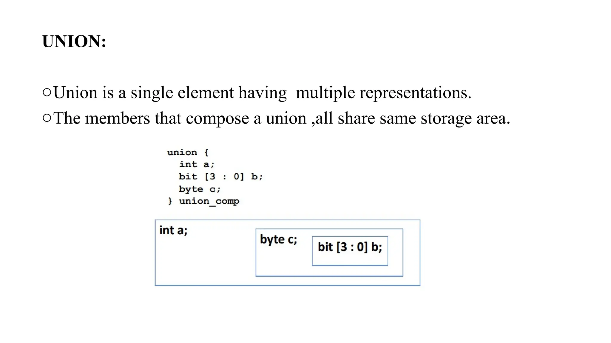 UNION: oUnion is a single element having multiple representations. oThe members that compose a union ,all share same storage area. 