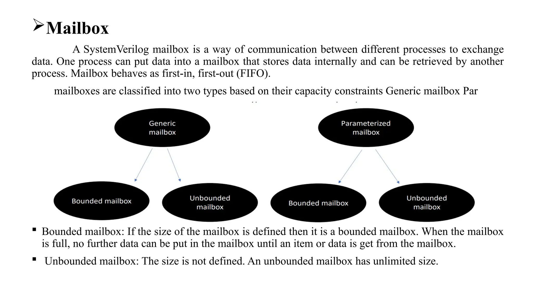 Mailbox A SystemVerilog mailbox is a way of communication between different processes to exchange data. One process can put data into a mailbox that stores data internally and can be retrieved by another process. Mailbox behaves as first-in, first-out (FIFO). mailboxes are classified into two types based on their capacity constraints Generic mailbox Par  Bounded mailbox: If the size of the mailbox is defined then it is a bounded mailbox. When the mailbox is full, no further data can be put in the mailbox until an item or data is get from the mailbox.  Unbounded mailbox: The size is not defined. An unbounded mailbox has unlimited size. 