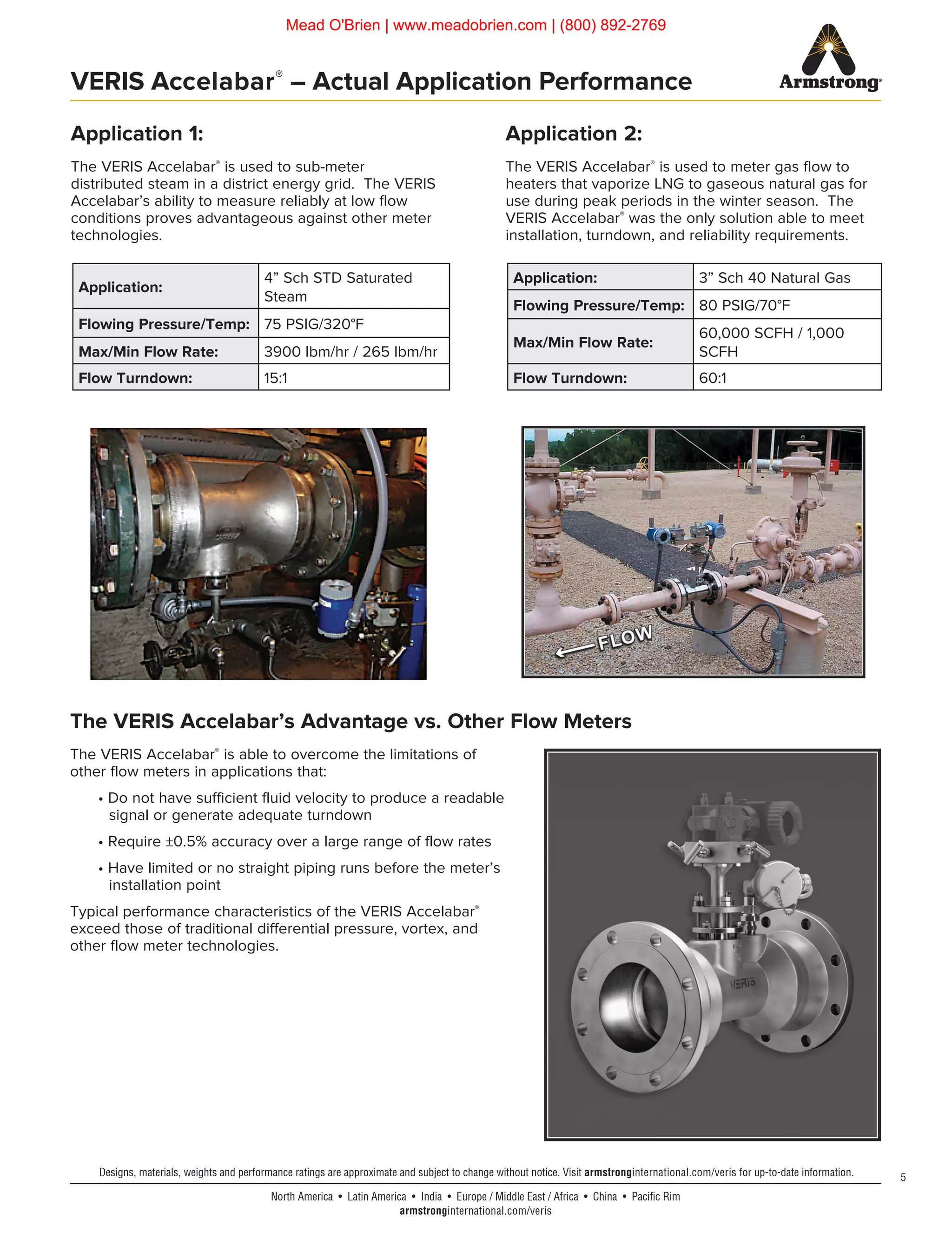 5
North America • Latin America • India • Europe / Middle East / Africa • China • Pacific Rim
armstronginternational.com/veris
Designs, materials, weights and performance ratings are approximate and subject to change without notice. Visit armstronginternational.com/veris for up-to-date information.
VERIS Accelabar®
– Actual Application Performance
Application 1:
The VERIS Accelabar®
is used to sub-meter
distributed steam in a district energy grid. The VERIS
Accelabar’s ability to measure reliably at low flow
conditions proves advantageous against other meter
technologies.
Application 2:
The VERIS Accelabar®
is used to meter gas flow to
heaters that vaporize LNG to gaseous natural gas for
use during peak periods in the winter season. The
VERIS Accelabar®
was the only solution able to meet
installation, turndown, and reliability requirements.
Application:
4” Sch STD Saturated
Steam
Flowing Pressure/Temp: 75 PSIG/320°F
Max/Min Flow Rate: 3900 lbm/hr / 265 lbm/hr
Flow Turndown: 15:1
Application: 3” Sch 40 Natural Gas
Flowing Pressure/Temp: 80 PSIG/70°F
Max/Min Flow Rate:
60,000 SCFH / 1,000
SCFH
Flow Turndown: 60:1
The VERIS Accelabar’s Advantage vs. Other Flow Meters
The VERIS Accelabar®
is able to overcome the limitations of
other flow meters in applications that:
	 • Do not have sufficient fluid velocity to produce a readable
signal or generate adequate turndown
	 • Require ±0.5% accuracy over a large range of flow rates
	 • Have limited or no straight piping runs before the meter’s
installation point
Typical performance characteristics of the VERIS Accelabar®
exceed those of traditional differential pressure, vortex, and
other flow meter technologies.
Mead O'Brien | www.meadobrien.com | (800) 892-2769
 