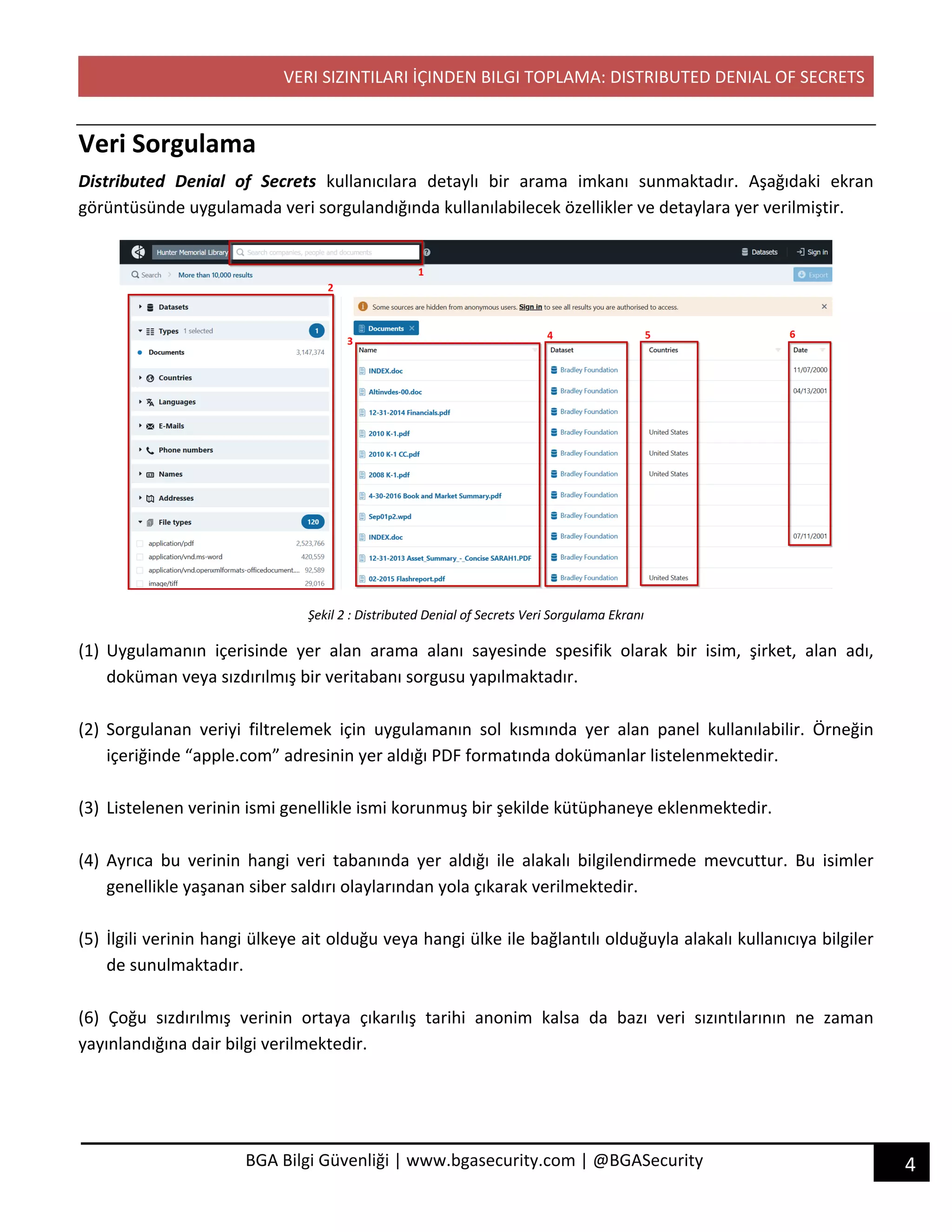 VERI SIZINTILARI İÇINDEN BILGI TOPLAMA: DISTRIBUTED DENIAL OF SECRETS
4BGA Bilgi Güvenliği | www.bgasecurity.com | @BGASecurity
Veri Sorgulama
Distributed Denial of Secrets kullanıcılara detaylı bir arama imkanı sunmaktadır. Aşağıdaki ekran
görüntüsünde uygulamada veri sorgulandığında kullanılabilecek özellikler ve detaylara yer verilmiştir.
Şekil 2 : Distributed Denial of Secrets Veri Sorgulama Ekranı
(1) Uygulamanın içerisinde yer alan arama alanı sayesinde spesifik olarak bir isim, şirket, alan adı,
doküman veya sızdırılmış bir veritabanı sorgusu yapılmaktadır.
(2) Sorgulanan veriyi filtrelemek için uygulamanın sol kısmında yer alan panel kullanılabilir. Örneğin
içeriğinde “apple.com” adresinin yer aldığı PDF formatında dokümanlar listelenmektedir.
(3) Listelenen verinin ismi genellikle ismi korunmuş bir şekilde kütüphaneye eklenmektedir.
(4) Ayrıca bu verinin hangi veri tabanında yer aldığı ile alakalı bilgilendirmede mevcuttur. Bu isimler
genellikle yaşanan siber saldırı olaylarından yola çıkarak verilmektedir.
(5) İlgili verinin hangi ülkeye ait olduğu veya hangi ülke ile bağlantılı olduğuyla alakalı kullanıcıya bilgiler
de sunulmaktadır.
(6) Çoğu sızdırılmış verinin ortaya çıkarılış tarihi anonim kalsa da bazı veri sızıntılarının ne zaman
yayınlandığına dair bilgi verilmektedir.
 