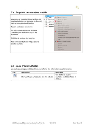 #555712_Veriso_BE_Benutzerhandbuch_V2.5_F/ Ku, Ma 13.11.2015 Seite 18 von 36
7.4 Propriété des couches – Aide
Vous pouvez vous aider des propriétés des
couches (sélectionner la couche et clic-droit)
dans le processus de vérification:
1 Zoom sur la zone considérée
2 Il est possible de marquer plusieurs
couches après la vérification pour les
supprimer.
3 Afficher le contenu des couches
4 Le nombre d'objets est indiqué pour la
couche souhaitée
1
2
3
4
7.4 Barre d'outils Attribut
Les outils suivants peuvent être utilisés pour afficher des informations supplémentaires:
Outil Description Utilisation
Interroger l'objet (une couche doit être activée)
Clic-droit et la couche
souhaitée peut être choisie et
affichée.
'
 