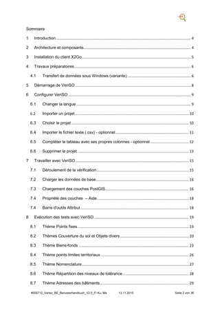 #555712_Veriso_BE_Benutzerhandbuch_V2.5_F/ Ku, Ma 13.11.2015 Seite 2 von 36
Sommaire
1 Introduction.................................................................................................................................... 4
2 Architecture et composants......................................................................................................... 4
3 Installation du client X2Go........................................................................................................... 5
4 Travaux préparatoires.................................................................................................................. 6
4.1 Transfert de données sous Windows (variante) .............................................................. 6
5 Démarrage de VeriSO ................................................................................................................. 8
6 Configurer VeriSO ........................................................................................................................ 9
6.1 Changer la langue ................................................................................................................ 9
6.2 Importer un projet ............................................................................................................... 10
6.3 Choisir le projet ................................................................................................................... 10
6.4 Importer le fichier texte (.csv) - optionnel........................................................................ 11
6.5 Compléter le tableau avec ses propres colonnes - optionnel...................................... 12
6.6 Supprimer le projet ............................................................................................................. 13
7 Travailler avec VeriSO............................................................................................................... 15
7.1 Déroulement de la vérification .......................................................................................... 15
7.2 Charger les données de base........................................................................................... 16
7.3 Chargement des couches PostGIS.................................................................................. 16
7.4 Propriété des couches – Aide.......................................................................................... 18
7.4 Barre d'outils Attribut.......................................................................................................... 18
8 Exécution des tests avec VeriSO............................................................................................. 19
8.1 Thème Points fixes............................................................................................................. 19
8.2 Thèmes Couverture du sol et Objets divers ................................................................... 20
8.3 Thème Biens-fonds ............................................................................................................ 23
8.4 Thème points limites territoriaux ...................................................................................... 26
8.5 Thème Nomenclature......................................................................................................... 27
8.6 Thème Répartition des niveaux de tolérance................................................................. 28
8.7 Thème Adresses des bâtiments....................................................................................... 29
 