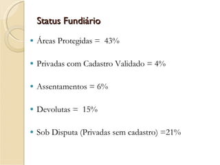 Status Fundiário Áreas Protegidas =  43% Privadas com Cadastro Validado = 4% Assentamentos = 6%  Devolutas =  15% Sob Disputa (Privadas sem cadastro) =21% 