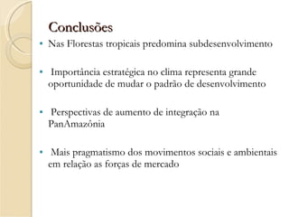 Conclusões Nas Florestas tropicais predomina subdesenvolvimento Importância estratégica no clima representa grande oportunidade de mudar o padrão de desenvolvimento  Perspectivas de aumento de integração na PanAmazônia Mais pragmatismo dos movimentos sociais e ambientais em relação as forças de mercado  