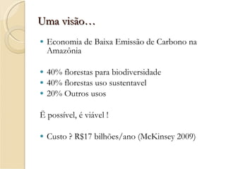 Uma visão… Economia de Baixa Emissão de Carbono na Amazônia 40% florestas para biodiversidade 40% florestas uso sustentavel 20% Outros usos  Ë possível, é viável ! Custo ? R$17 bilhões/ano (McKinsey 2009) 