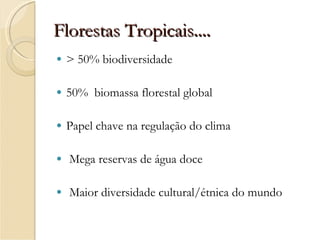 Florestas Tropicais .... > 50% biodiversidade 50%  biomassa florestal global Papel chave na regulação do clima Mega reservas de água doce  Maior diversidade cultural/étnica do mundo 