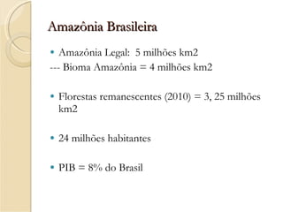 Amazônia Brasileira Amazônia Legal:  5 milhões km2 --- Bioma Amazônia = 4 milhões km2 Florestas remanescentes (2010) = 3, 25 milhões km2 24 milhões habitantes  PIB = 8% do Brasil  