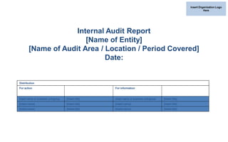 Page 20
Insert Organization Logo
Here
Internal Audit Report
[Name of Entity]
[Name of Audit Area / Location / Period Covered]
Date:
Distribution
For action For information
Insert name or business unit/group [Insert title] Insert name or business unit/group [Insert title]
[Insert name] [Insert title] [Insert name] [Insert title]
[Insert name] [Insert title] [Insert name] [Insert title]
 