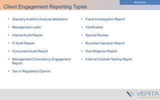 Client Engagement Reporting Types
• Statutory Auditors financial attestation
• Management Letter
• Internal Audit Report
• IT Audit Report
• Concurrent Audit Report
• Management Consultancy Engagement
Report
• Tax or Regulatory Opinion
Illustrative
• Fraud Investigation Report
• Certification
• Special Review
• Business Valuation Report
• Due Diligence Report
• Internal Controls Testing Report
 