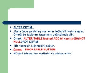 ALTER DEYİMİ  Daha önce yaratılmış nesnenin değiştirilmesini sağlar. Örneği bir tablonun tasarımını değiştirmek gibi.  Örnek:  ALTER TABLE Musteri   ADD tel varchar(20) NOT NULL DROP DEYİMİ  Bir nesnesin silinmesini sağlar.  Örnek:   DROP TABLE MUSTERI Müşteri tablosunun verilerini ve tabloyu siler. 