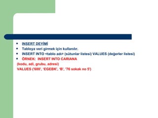INSERT DEYİMİ Tabloya veri girmek için kullanılır.  INSERT INTO <tablo adı>   (sütunlar listesi) VALUES (değerler listesi) ÖRNEK:  INSERT INTO CARIANA (kodu, adi, grubu, adresi) VALUES ('600', ‘EGEBK', ‘B', '76 sokak no 5') 