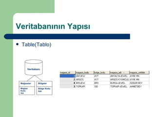 Veritabanının Yapısı Table(Tablo) Veritabanı Bölgeler Bölge Kodu Adı Mağazalar Mağaza Kodu Adı 