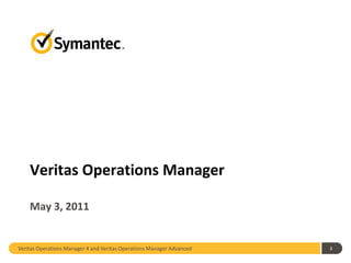 Veritas Operations Manager

    May 3, 2011


Veritas Operations Manager 4 and Veritas Operations Manager Advanced   1
 