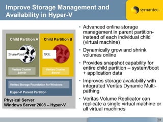 Improve Storage Management and
Availability in Hyper-V
                                               • Advanced online storage
                                                 management in parent partition-
   Child Partition A       Child Partition B     instead of each individual child
                                                 (virtual machine)
                                               • Dynamically grow and shrink
  SharePoint               SQL                   volumes online
                                               • Provides snapshot capability for
    Veritas Cluster          Veritas Cluster     entire child partition – system/boot
         Server                   Server         + application data
                                               • Improves storage availability with
   Veritas Storage Foundation for Windows
                                                 integrated Veritas Dynamic Multi-
   Hyper-V Parent Partition                      pathing
Physical Server                                • Veritas Volume Replicator can
Windows Server 2008 – Hyper-V                    replicate a single virtual machine or
                                                 all virtual machines
                                                                                      12
 