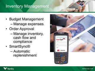 Inventory Management
• Budget Management
– Manage expenses
• Order Approval
– Manage inventory,
cash flow and
compliance
• SmartSync®
– Automatic
replenishment
 