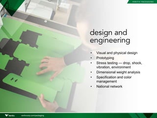 • Visual and physical design
• Prototyping
• Stress testing — drop, shock,
vibration, environment
• Dimensional weight analysis
• Specification and color
management
• National network
veritivcorp.com/packaging
 