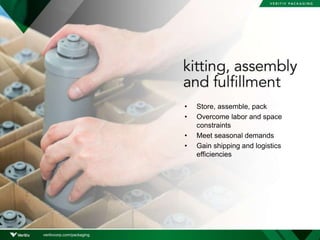 • Store, assemble, pack
• Overcome labor and space
constraints
• Meet seasonal demands
• Gain shipping and logistics
efficiencies
veritivcorp.com/packaging
 