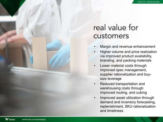 • Margin and revenue enhancement
• Higher volume and price realization
via improved product availability,
branding, and packing materials
• Lower material costs through
improved spec management,
supplier rationalization and buy-
size leverage
• Reduced transportation and
warehousing costs through
improved routing, and cubing
• Improved asset utilization through
demand and inventory forecasting,
replenishment, SKU rationalization
and timeliness
veritivcorp.com/packaging
 