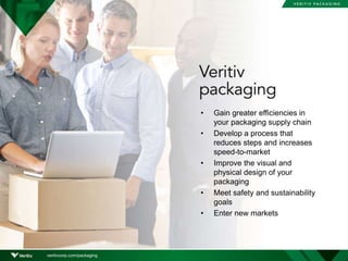 • Gain greater efficiencies in
your packaging supply chain
• Develop a process that
reduces steps and increases
speed-to-market
• Improve the visual and
physical design of your
packaging
• Meet safety and sustainability
goals
• Enter new markets
veritivcorp.com/packaging
 