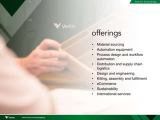• Material sourcing
• Automation equipment
• Process design and workflow
automation
• Distribution and supply chain
logistics
• Design and engineering
• Kitting, assembly and fulfillment
• eCommerce
• Sustainability
• International services
veritivcorp.com/packaging
 